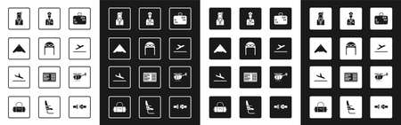 Set Suitcase, Aviator hat with goggles, Jet fighter, Stewardess, Plane takeoff, Pilot, Helicopter and landing icon. Vectorのイラスト素材