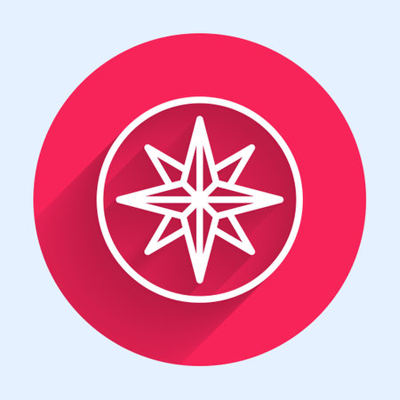 White line Wind rose icon isolated with long shadow background. Compass icon for travel. Navigation design. Red circle button. Vectorのイラスト素材