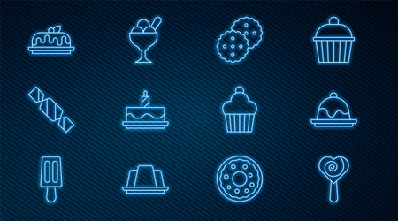 Set line Lollipop, Cake, Cookie or biscuit, with burning candles, Candy, and Ice cream bowl icon. Vectorのイラスト素材