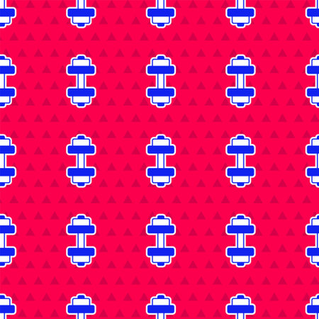 Blue Dumbbell icon isolated seamless pattern on red background. Muscle lifting, fitness barbell, sports equipment. Vectorのイラスト素材