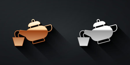 Gold and silver Traditional Chinese tea ceremony icon isolated on black background. Teapot with cup. Long shadow style. Vectorのイラスト素材