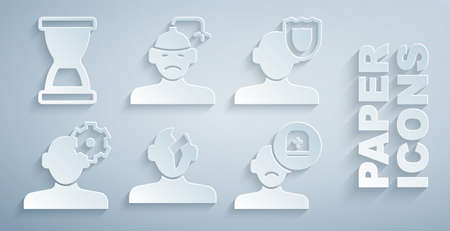 Set Solution problem in psychology, Psychology, Male doctor, Concussion, headache and Old hourglass icon. Vectorのイラスト素材