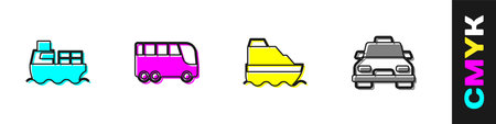 Set Cargo ship with boxes delivery, Bus, Cruise and Taxi car icon. Vectorのイラスト素材