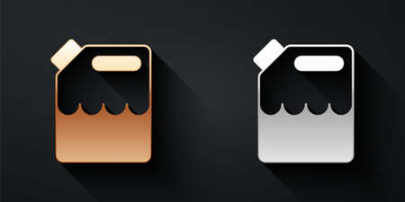 Gold and silver Canister for gasoline icon isolated on black background. Diesel gas icon. Long shadow style. Vectorのイラスト素材