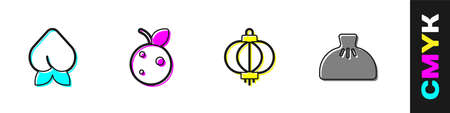 Set Peach fruit or nectarine, Chinese paper lantern and Dumpling icon. Vectorのイラスト素材