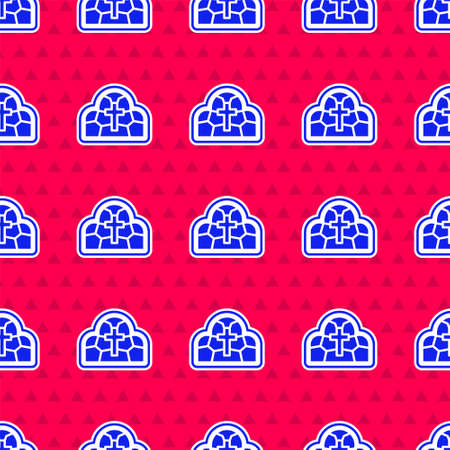 Blue Stained glass ancient cathedral, temple, church icon isolated seamless pattern on red background. Vectorのイラスト素材