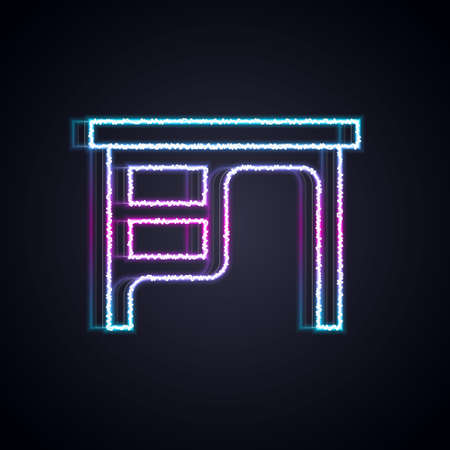 Glowing neon line Office desk icon isolated on black background. Vectorのイラスト素材