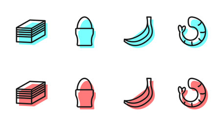 Set line Banana, Piece of cake, Chicken egg on stand and Shrimp icon. Vectorのイラスト素材
