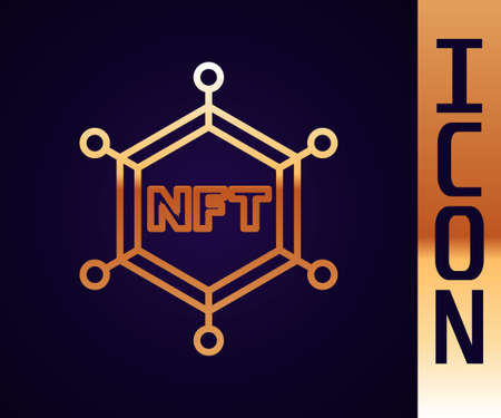 Gold line NFT blockchain technology icon isolated on black background. Non fungible token. Digital crypto art concept. Vectorのイラスト素材