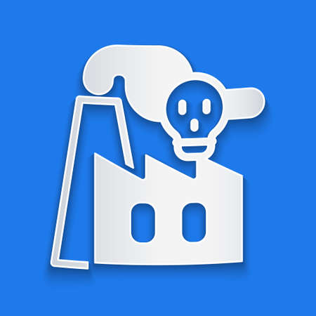 Paper cut Smoke from factory icon isolated on blue background. Environmental pollution problem, smoke pipes of factory, ecology industrial harm. Paper art style. Vectorのイラスト素材