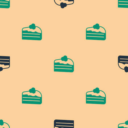 Green and black Piece of cake icon isolated seamless pattern on beige background. Happy Birthday. Vectorのイラスト素材
