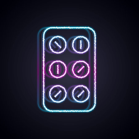 Glowing neon line Pills in blister pack icon isolated on black background. Medical drug package for tablet, vitamin, antibiotic, aspirin. Vectorのイラスト素材