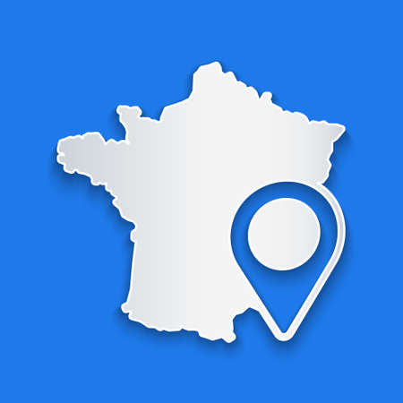 Paper cut Map of France icon isolated on blue background. Paper art style. Vectorのイラスト素材