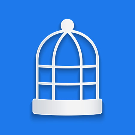 Paper cut Cage for birds icon isolated on blue background. Paper art style. Vectorのイラスト素材