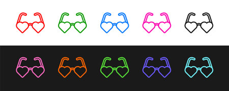 Set line Heart shaped love glasses icon isolated on black and white background. Suitable for...