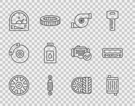 Set line Alloy wheel for car, Car radiator cooling system, Automotive turbocharger, Shock absorber, Motor gas gauge, Canister motor machine oil, tire and audio icon. Vectorのイラスト素材
