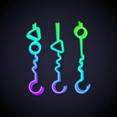Glowing neon line Grilled shish kebab on skewer stick icon isolated on black background. Meat kebab on skewer stick. Picnic with grilled meat. Vectorのイラスト素材