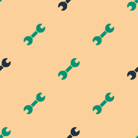 Green and black Wrench spanner icon isolated seamless pattern on beige background. Spanner repair tool. Service tool symbol. Vectorのイラスト素材