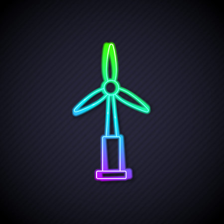 Glowing neon line Wind turbine icon isolated on black background. Wind generator sign. Windmill for electric power production. Vectorのイラスト素材