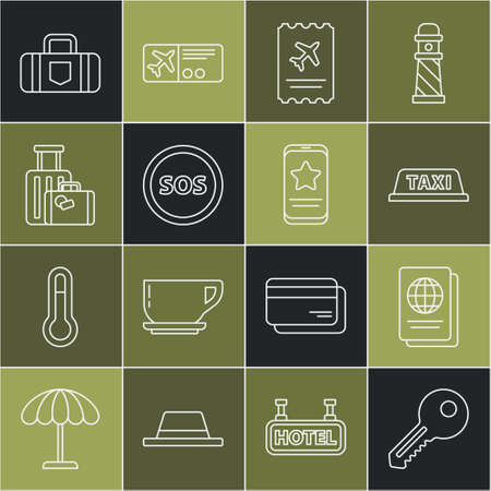 Set line Key, Passport, Taxi car roof, Airline ticket, Location with SOS, Suitcase, and Mobile review rating icon. Vectorのイラスト素材