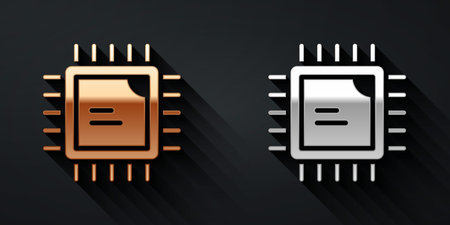 Gold and silver Computer processor with microcircuits CPU icon isolated on black background. Chip or...