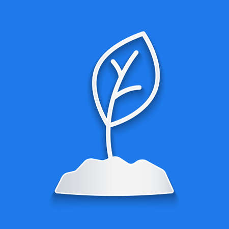 Paper cut Sprout icon isolated on blue background. Seed and seedling. Leaves sign. Leaf nature. Paper art style. Vectorのイラスト素材