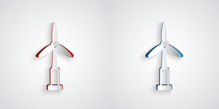 Paper cut Wind turbine icon isolated on grey background. Wind generator sign. Windmill for electric power production. Paper art style. Vectorのイラスト素材