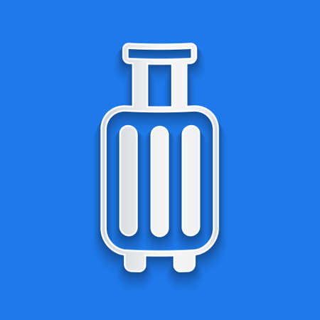 Paper cut Suitcase for travel icon isolated on blue background. Traveling baggage sign. Travel luggage icon. Paper art style. Vectorのイラスト素材