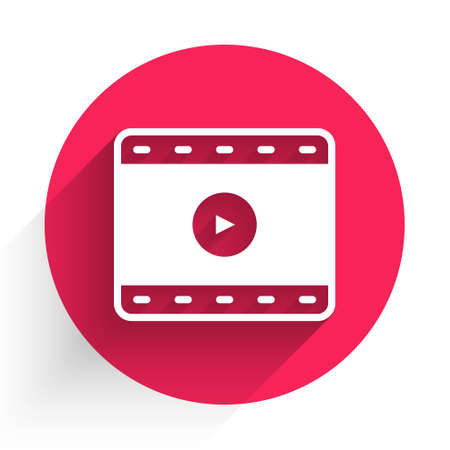 White Play Video icon isolated with long shadow. Film strip sign. Red circle button. Vectorのイラスト素材
