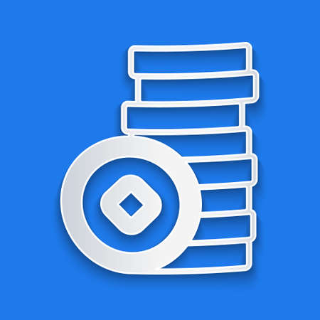 Paper cut Chinese Yuan currency symbol icon isolated on blue background. Coin money. Banking currency sign. Cash symbol. Paper art style. Vectorのイラスト素材