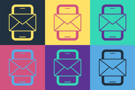 Pop art Mobile and envelope, new message, mail icon isolated on color background. Usage for e-mail newsletters, headers, blog posts. Vectorのイラスト素材