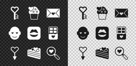 Set Key in heart shape, Wedding cake, Envelope with Valentine, Female gender symbol, Search and love, Romantic man and Smiling lips icon. Vectorのイラスト素材