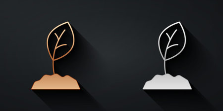 Gold and silver Sprout icon isolated on black background. Seed and seedling. Leaves sign. Leaf nature. Long shadow style. Vectorのイラスト素材