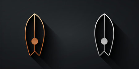 Gold and silver Surfboard icon isolated on black background. Surfing board. Extreme sport. Sport equipment. Long shadow style. Vectorのイラスト素材