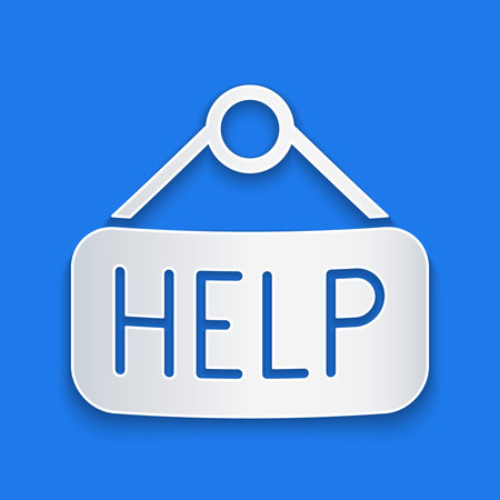 Paper cut Signboard with text Help icon isolated on blue background. Paper art style. Vector