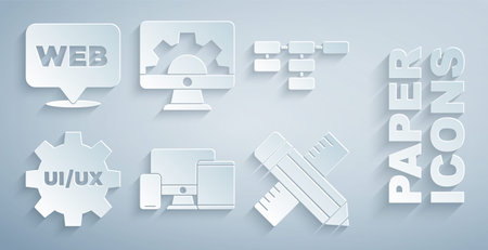 Set Monitor, mobile, tablet, Site map, UI UX design, Crossed ruler and pencil, Web development and graphic icon. Vectorのイラスト素材