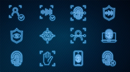 Set line Rejection fingerprint, Laptop with, Fingerprint, Eye scan, Shield eye, Face recognition, and Voice icon. Vectorのイラスト素材