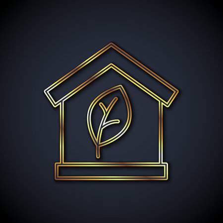 Gold line Eco friendly house icon isolated on black background. Eco house with leaf. Vectorのイラスト素材