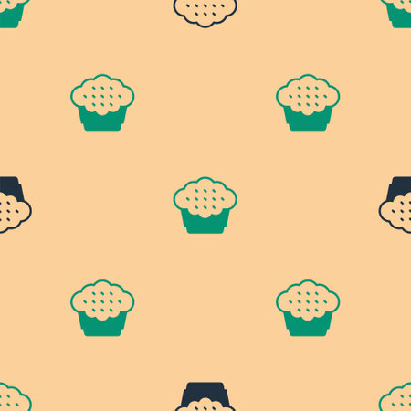 Green and black Muffin icon isolated seamless pattern on beige background. Vectorのイラスト素材
