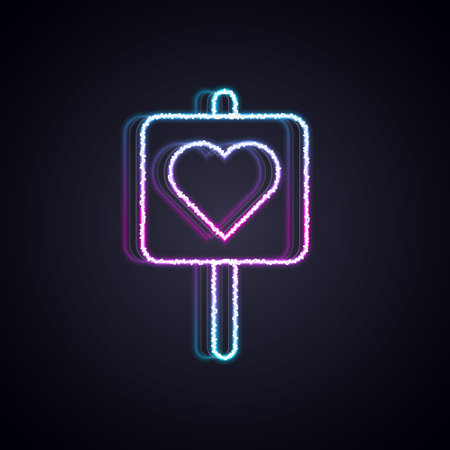 Glowing neon line Map pointer with heart icon isolated on black background. Valentines day. Love location. Romantic map pin. Vectorのイラスト素材