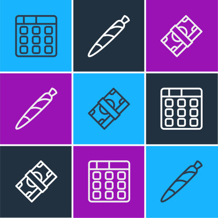 Set line Drum machine music, Stacks paper money cash and Marijuana joint, spliff icon. Vectorのイラスト素材