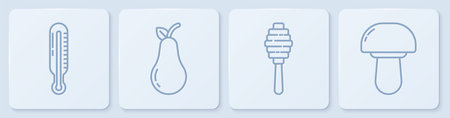 Set line Meteorology thermometer, Honey dipper stick, Pear and Mushroom. White square button. Vectorのイラスト素材