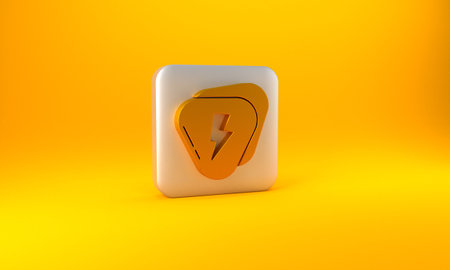 Gold Guitar pick icon isolated on yellow background. Musical instrument. Silver square button. 3D render illustrationの写真素材