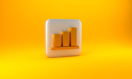 Gold Pie chart infographic icon isolated on yellow background. Diagram chart sign. Silver square button. 3D render illustrationの写真素材
