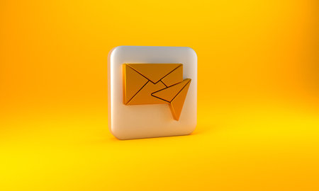 Gold Envelope icon isolated on yellow background. Email message letter symbol. Silver square button. 3D render illustrationの写真素材