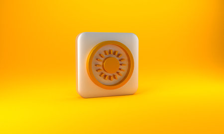 Gold Sun icon isolated on yellow background. Summer symbol. Good sunny day. Silver square button. 3D render illustrationの写真素材