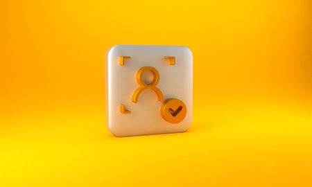 Gold Face recognition with check mark icon isolated on yellow background. Face identification scanner icon. Facial id. Cyber security concept. Silver square button. 3D render illustrationの写真素材