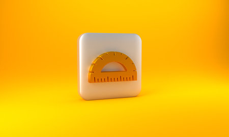 Gold Protractor grid for measuring degrees icon isolated on yellow background. Tilt angle meter. Measuring tool. Geometric symbol. Silver square button. 3D render illustrationの写真素材