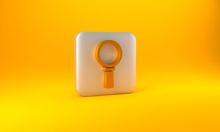 Gold Magnifying glass icon isolated on yellow background. Search, focus, zoom, business symbol. Silver square button. 3D render illustrationの写真素材