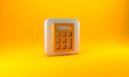 Gold Calculator icon isolated on yellow background. Accounting symbol. Business calculations mathematics education and finance. Silver square button. 3D render illustrationの写真素材